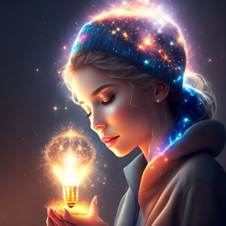 Galaxy-themed beanie woman holding glowing light bulb on dark background