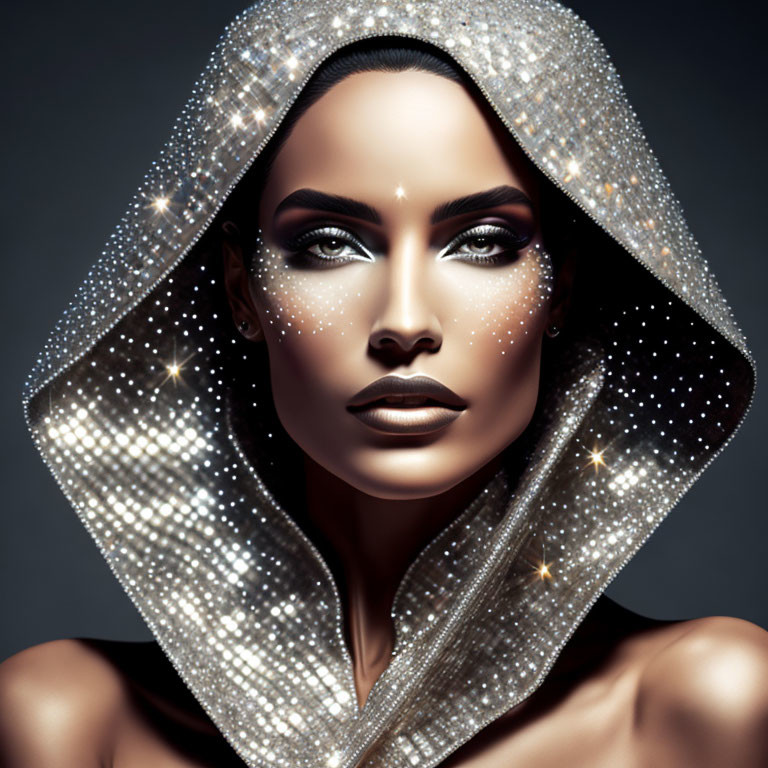 Striking Makeup Woman with Shimmering Hood on Dark Background