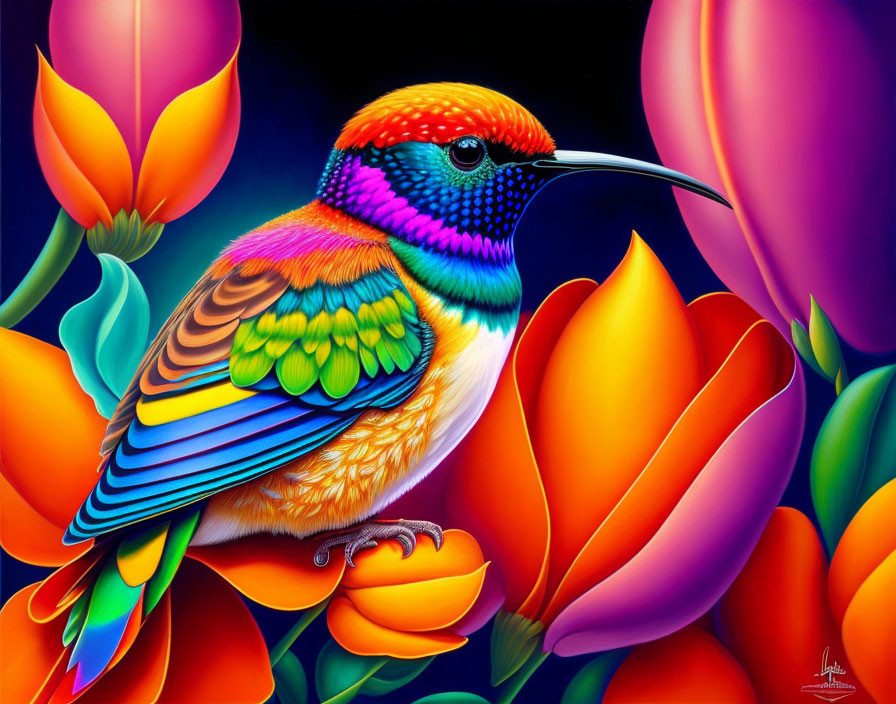 Colorful Bird Among Vibrant Flowers on Blue Background