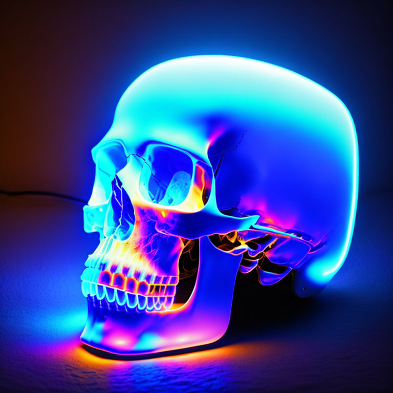 Neon-lit glass skull with blue to purple gradient on dark background