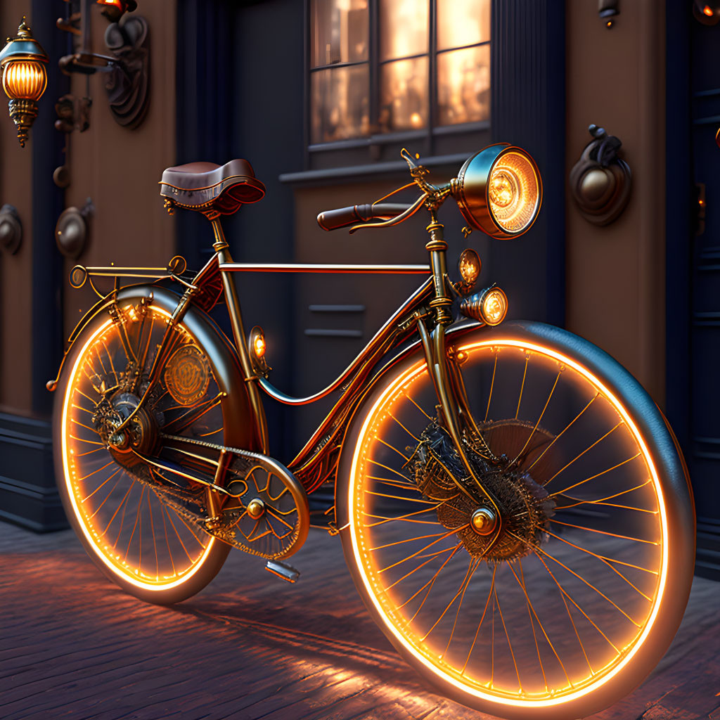 Vintage bicycle with illuminated wheels, frame, and headlights near ornate building.