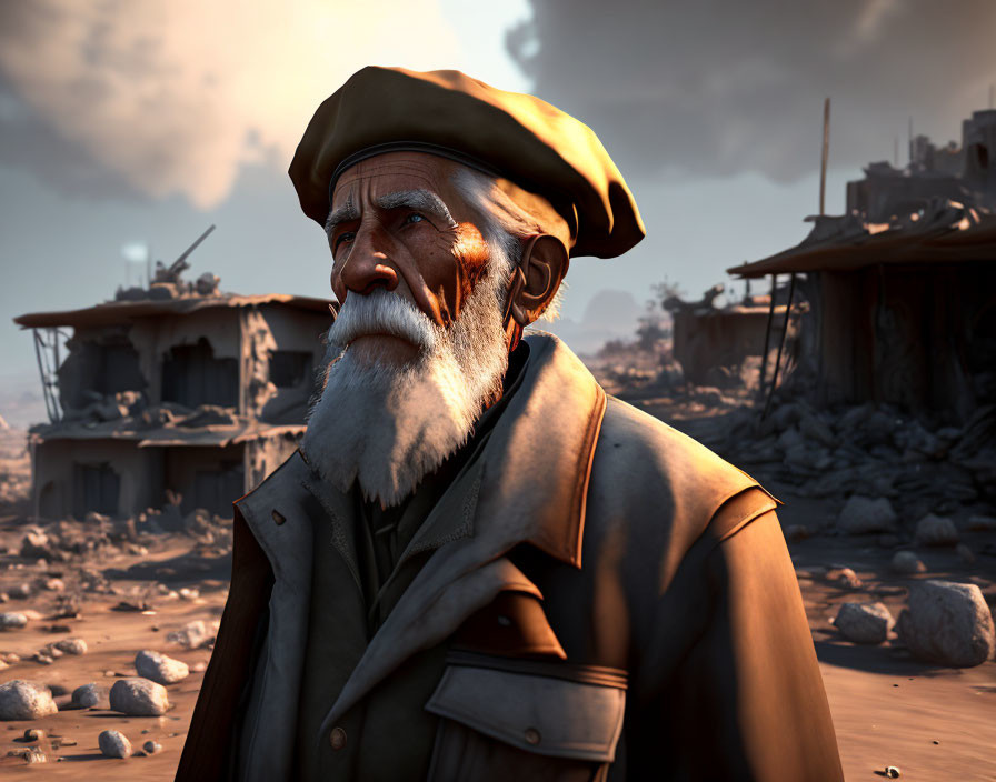 Elderly man in beret and coat gazes at war-torn landscape