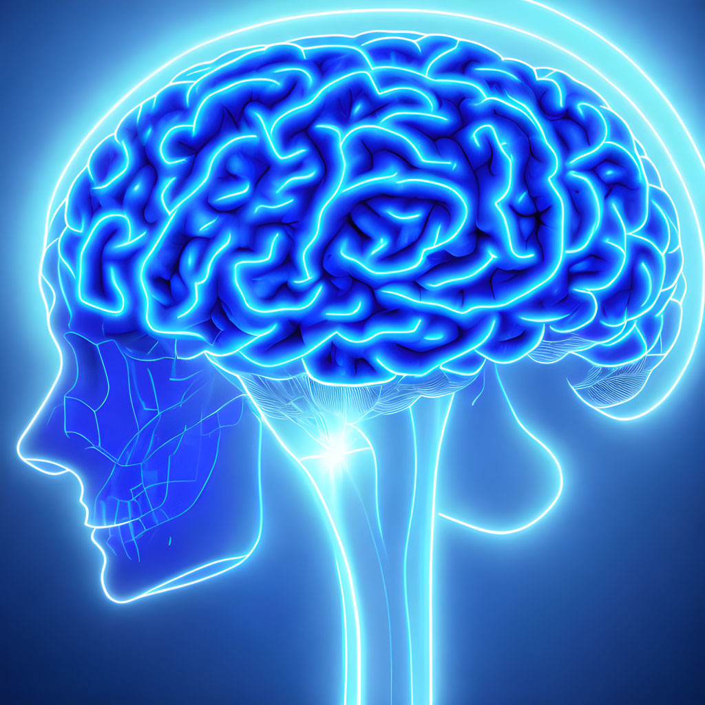 Digital illustration of human head profile with glowing blue brain.