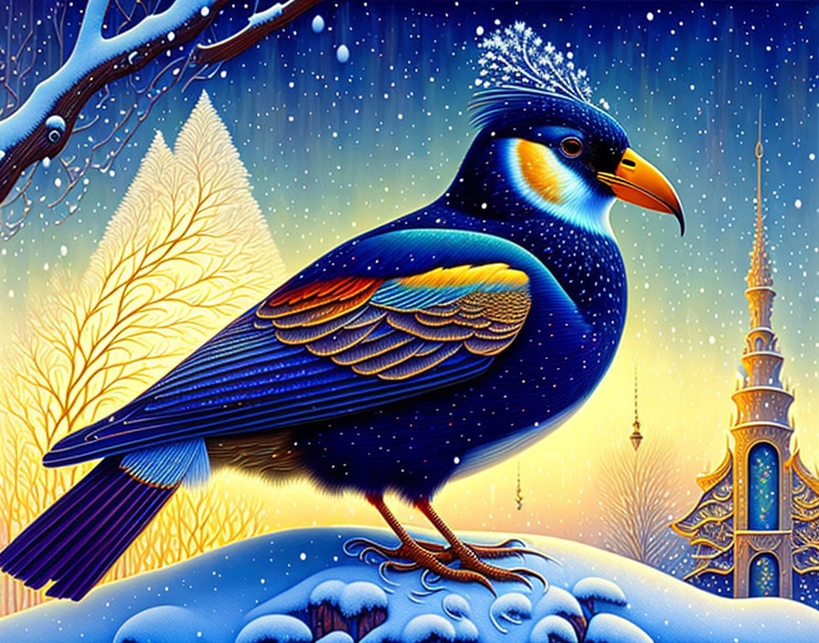 Colorful Stylized Bird Perched on Snowy Branch in Winter Scene