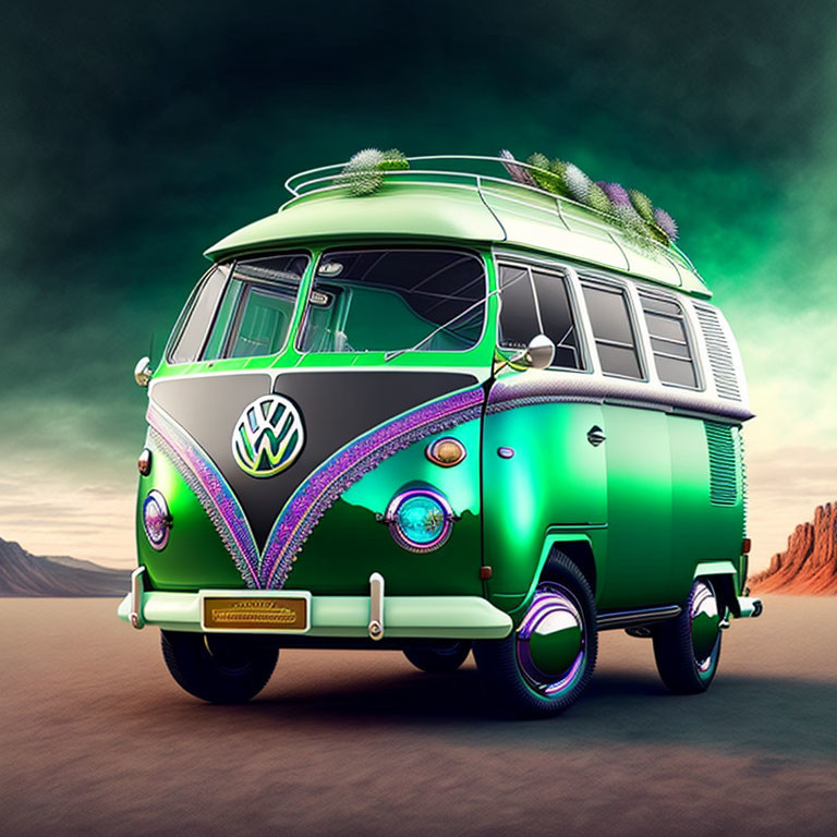 Colorful vintage Volkswagen bus with neon lights in twilight desert.