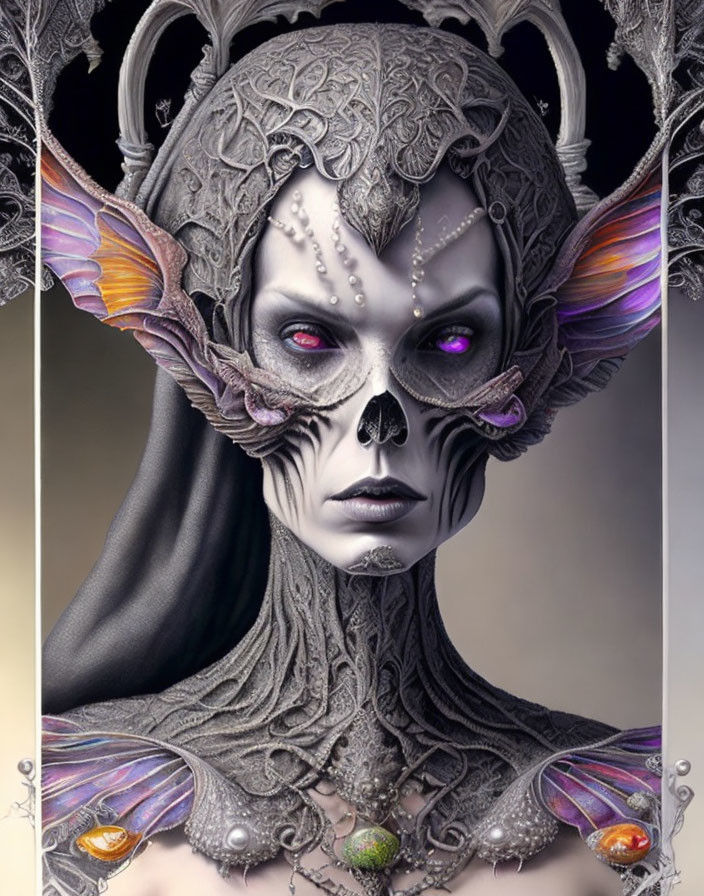 Fantasy-themed artwork of figure with elf-like ears, ornate headdress, skull-like features,