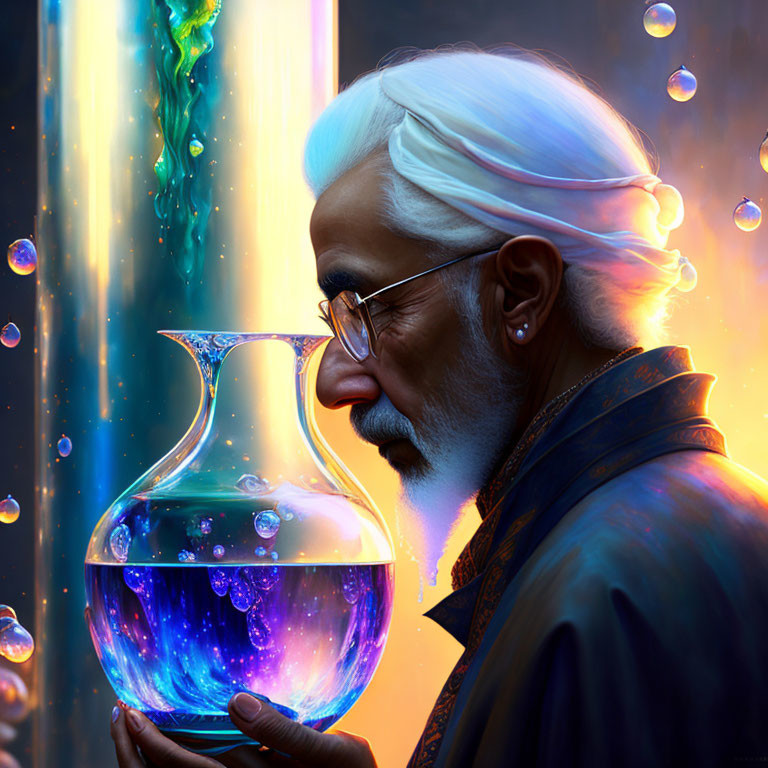 Elderly man with white hair holding blue potion in flask, glowing background.