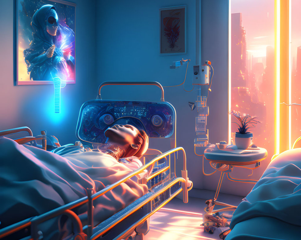 Futuristic hospital room with neon lights, robot assistant, and cosmic art