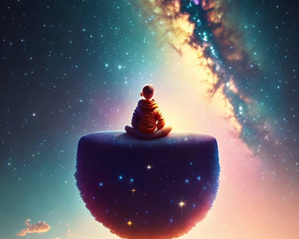 Person in meditative pose on floating island under cosmic sky.