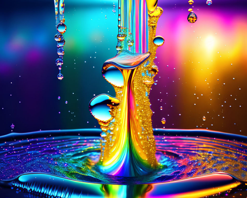 Colorful liquid art: water droplets and ripples on glossy rainbow background