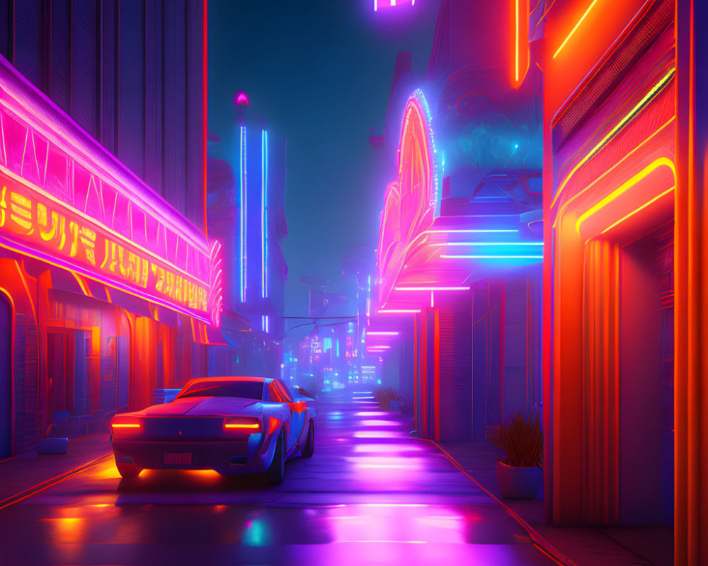 Futuristic neon-lit cityscape with sleek car and vibrant lights