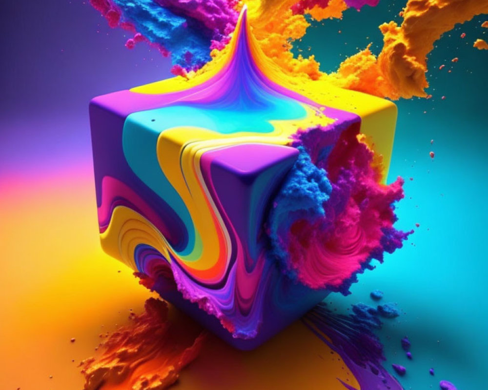 Colorful Swirling Pattern Cube Surrounded by Powder Clouds on Colorful Background