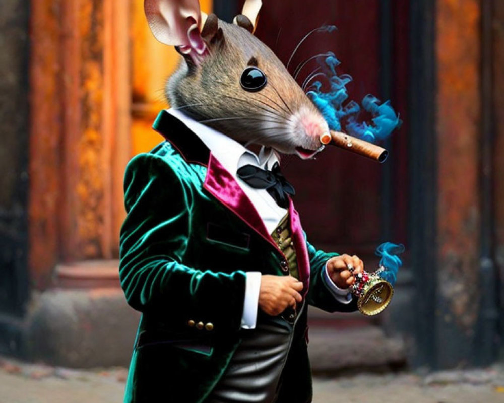 Stylish anthropomorphic rat in green jacket with monocle & cigar