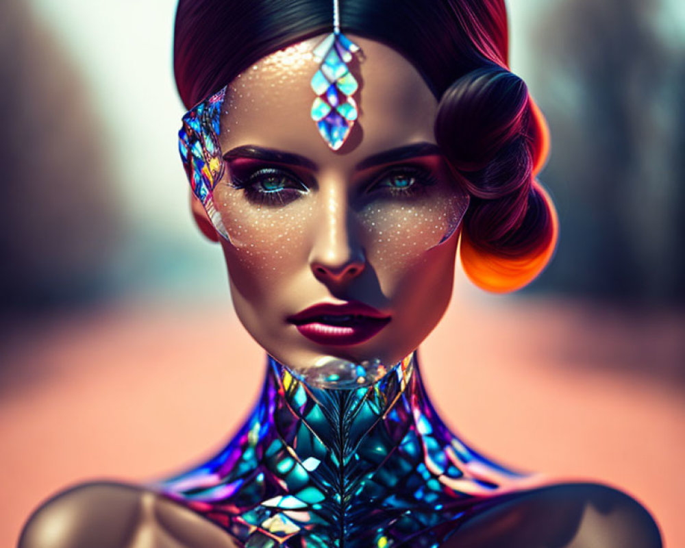 Stylized image of woman with sleek hair and gemstone accent