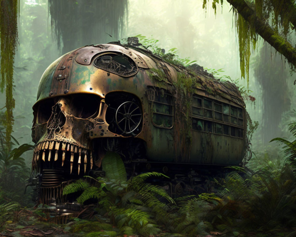 Abandoned skull-shaped structure in misty forest with vines