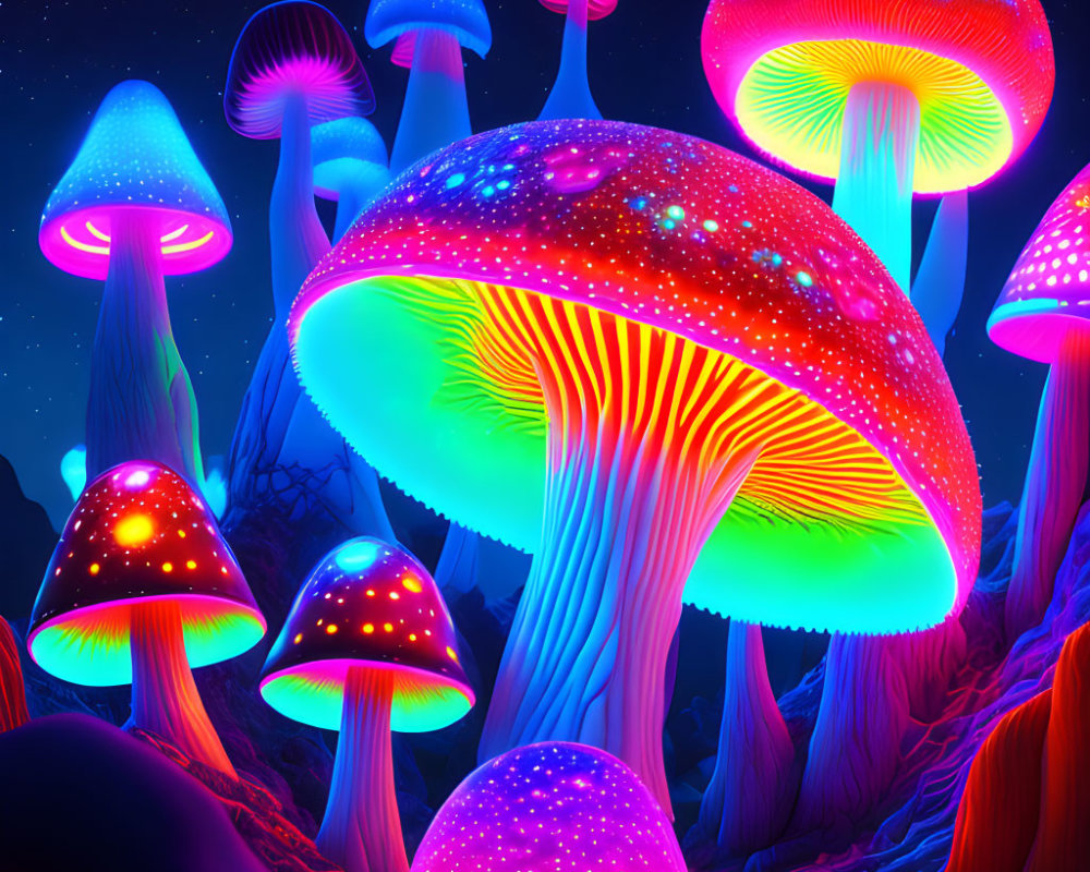 Luminescent colorful mushrooms in fantastical forest setting