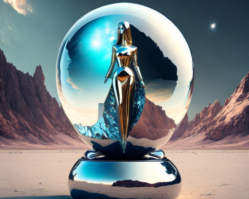 Metallic Female Figure in Glass Orb in Surreal Desert Landscape