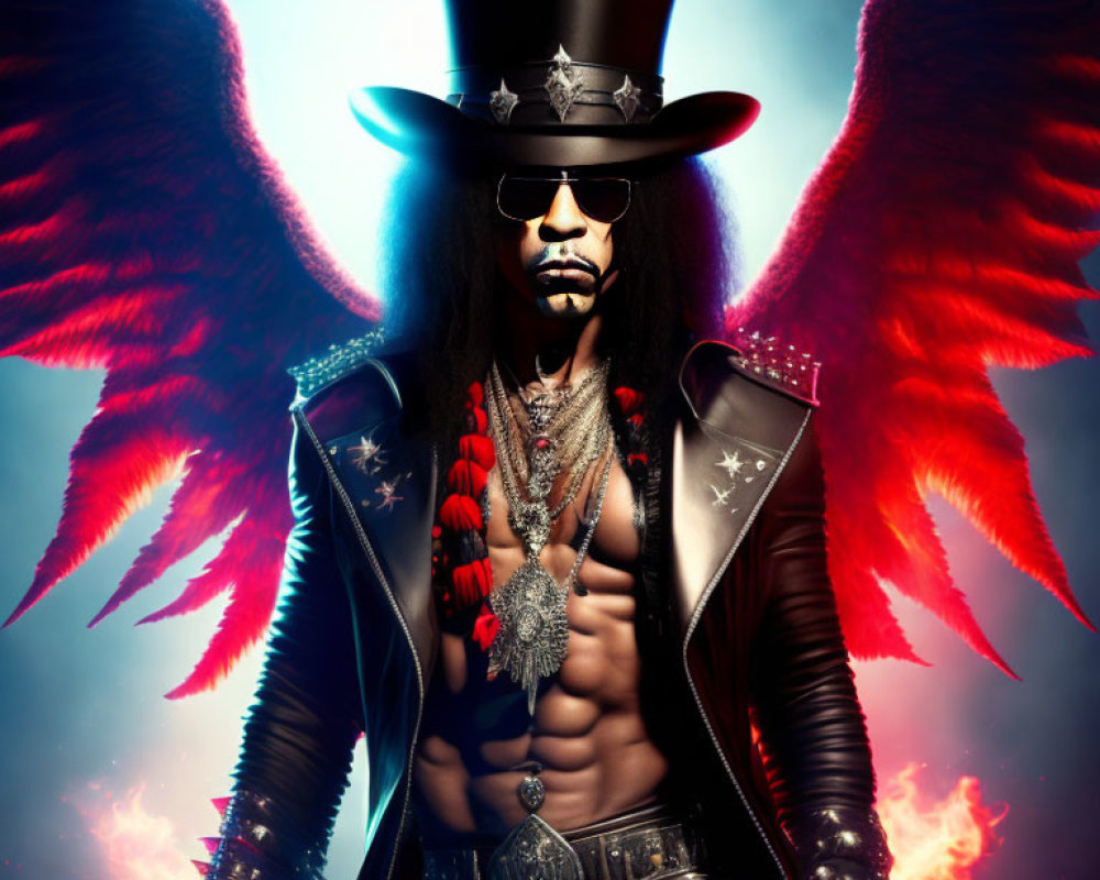 Person with Red Angel Wings in Top Hat and Sunglasses on Blue Flame Backdrop