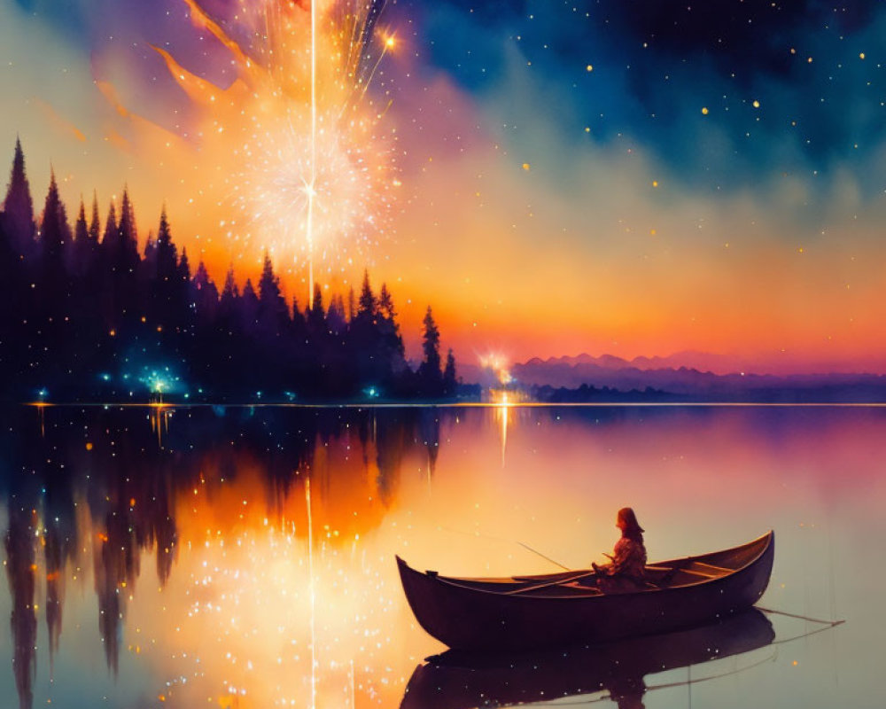 Person in canoe on calm lake at sunset with fireworks and starry sky.