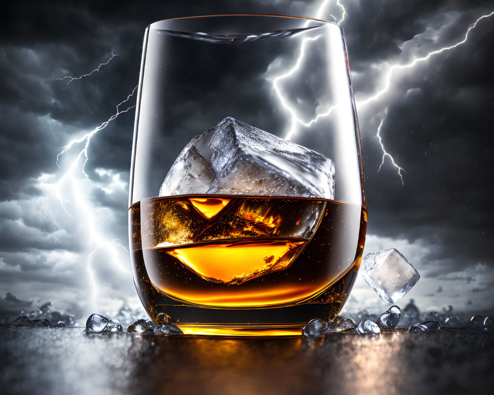 Glass of Whiskey with Ice on Reflective Surface Against Stormy Background with Lightning Bolts