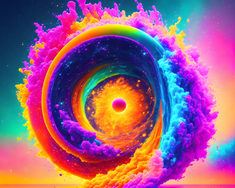 Colorful swirling vortex with neon clouds on multicolored backdrop