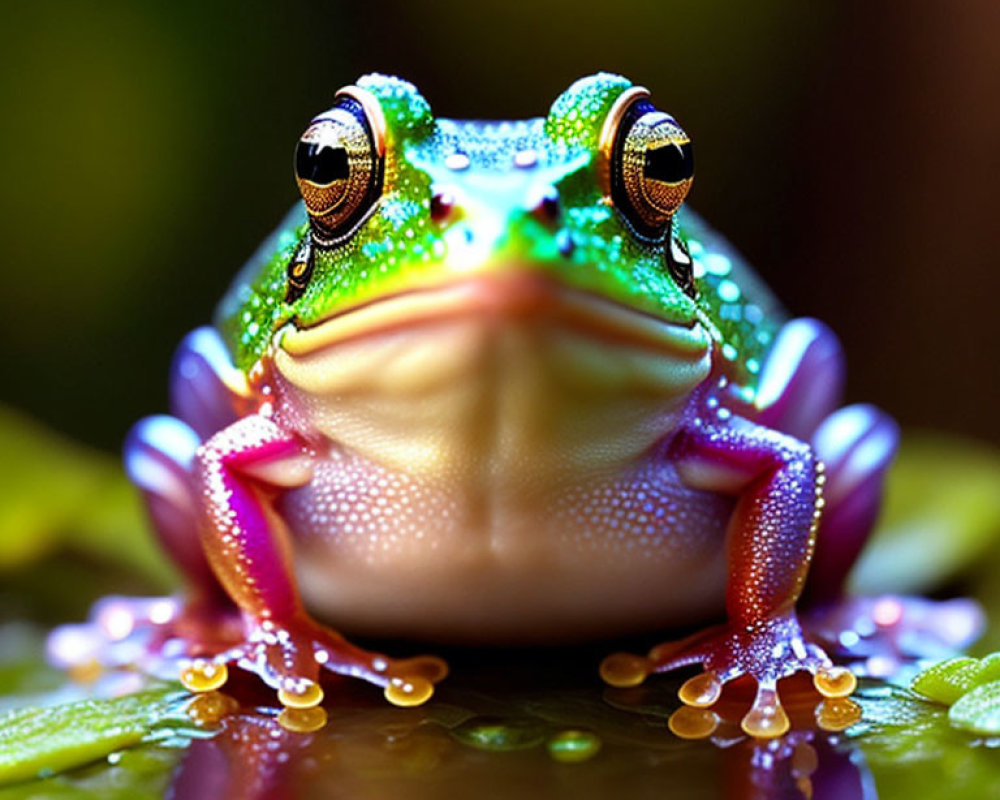 Colorful Frog with Shiny Speckled Skin on Leaf with Water Droplets