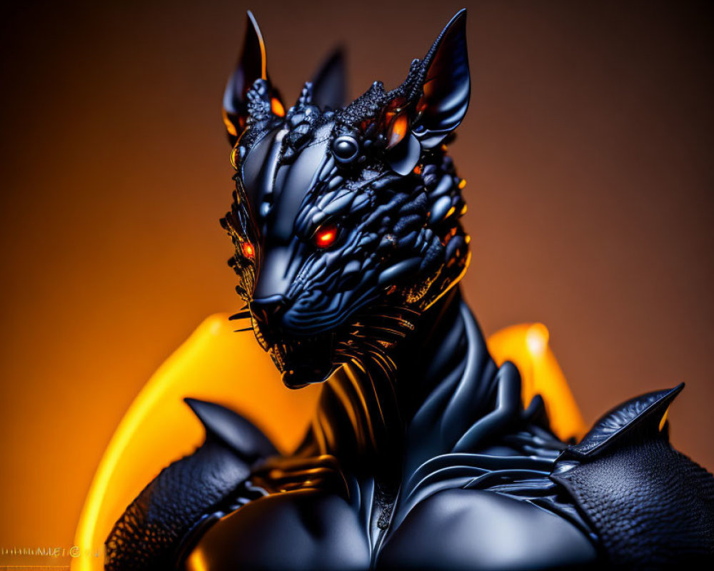 Black Dragon-Like Creature Figurine with Red Eyes and Orange Accents