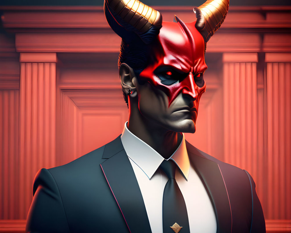 Stylized illustration of person in devilish red mask and black suit against classical backdrop