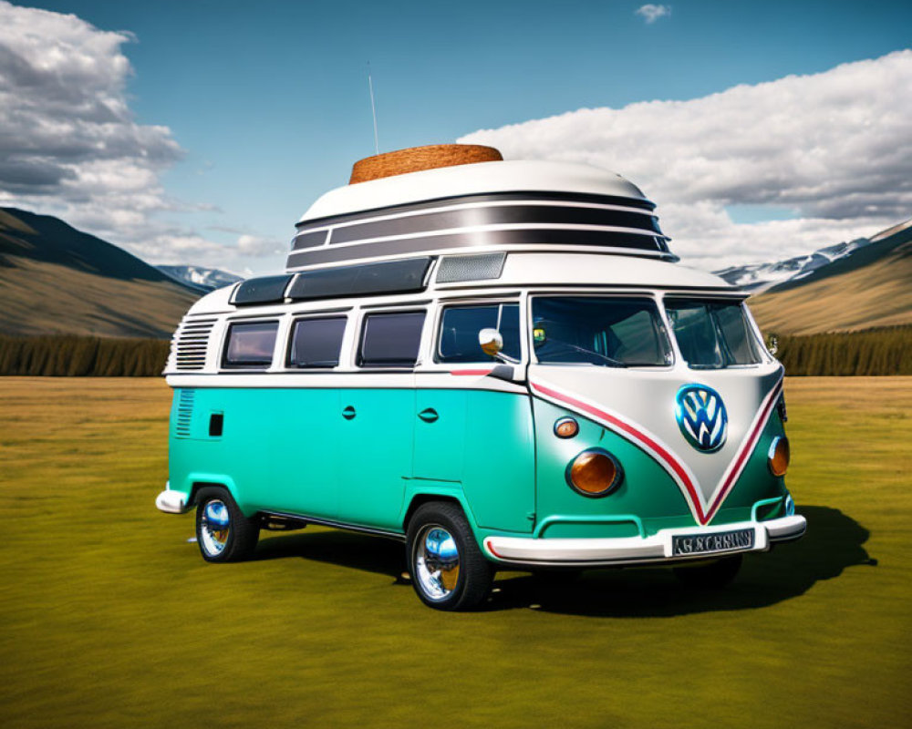 Whimsical turquoise and white Volkswagen bus with pancakes on top in grassy field.