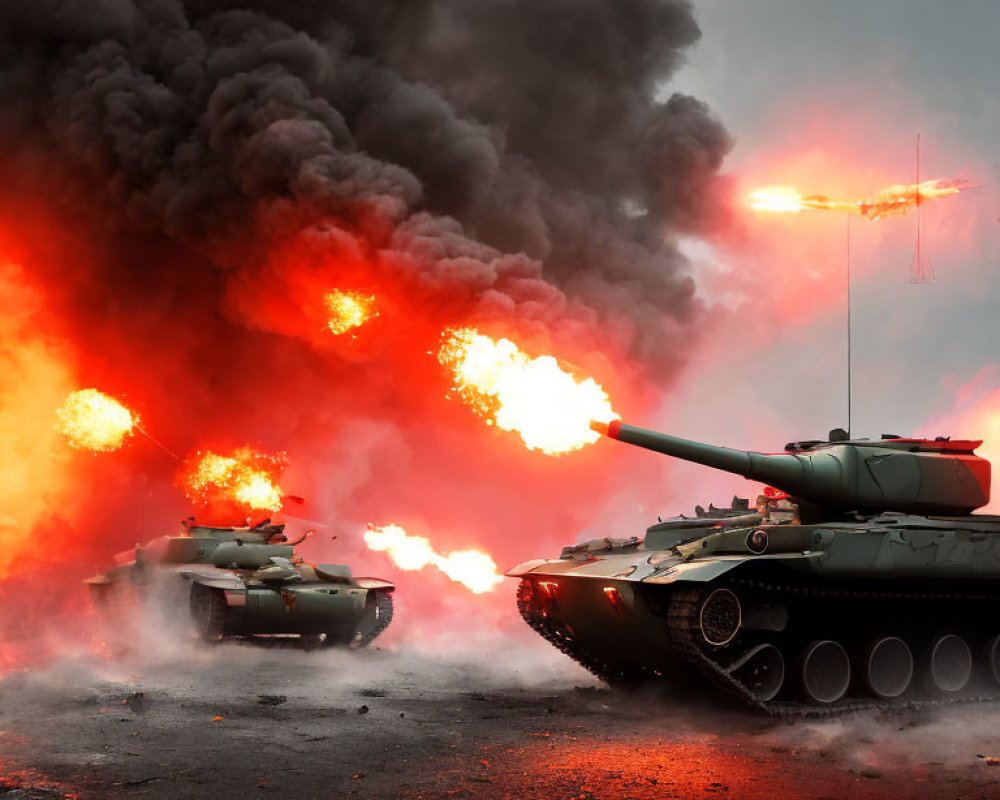 Tank combat scene with firing shell and explosions in dark sky