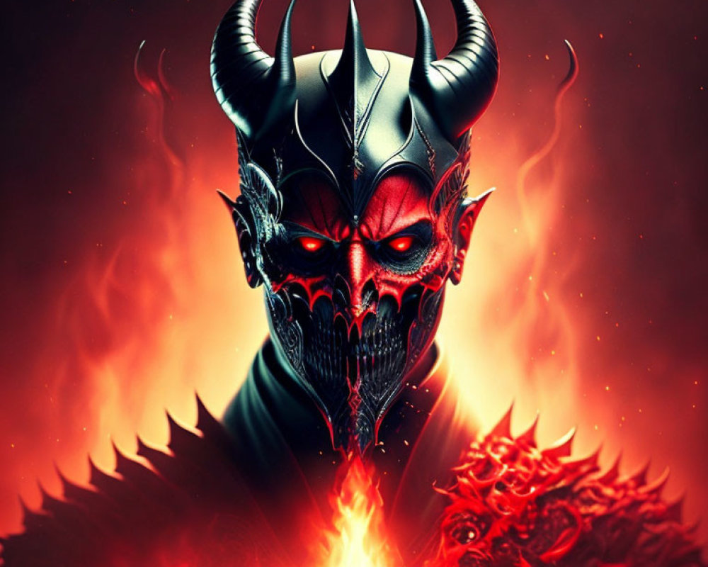 Sinister demonic figure with red eyes, black horns, and fiery backdrop