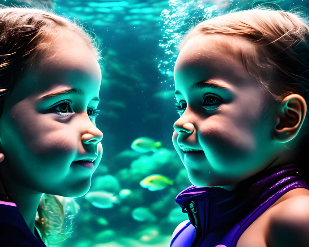 Two young girls underwater with bubbles, one in blue swimsuit with dolphin logo.