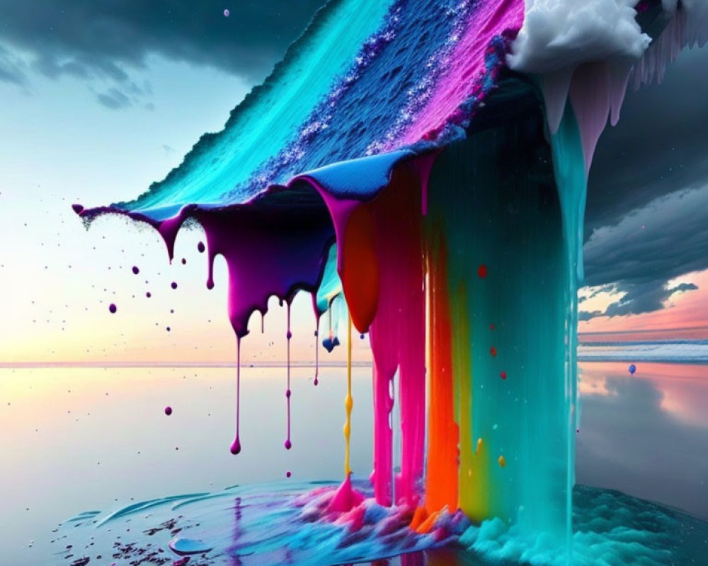 Colorful surreal melting iceberg against ocean and sky backdrop