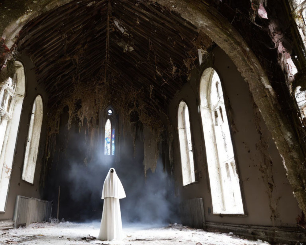 Figure in White Cloak in Dilapidated Church with Stained Glass Window