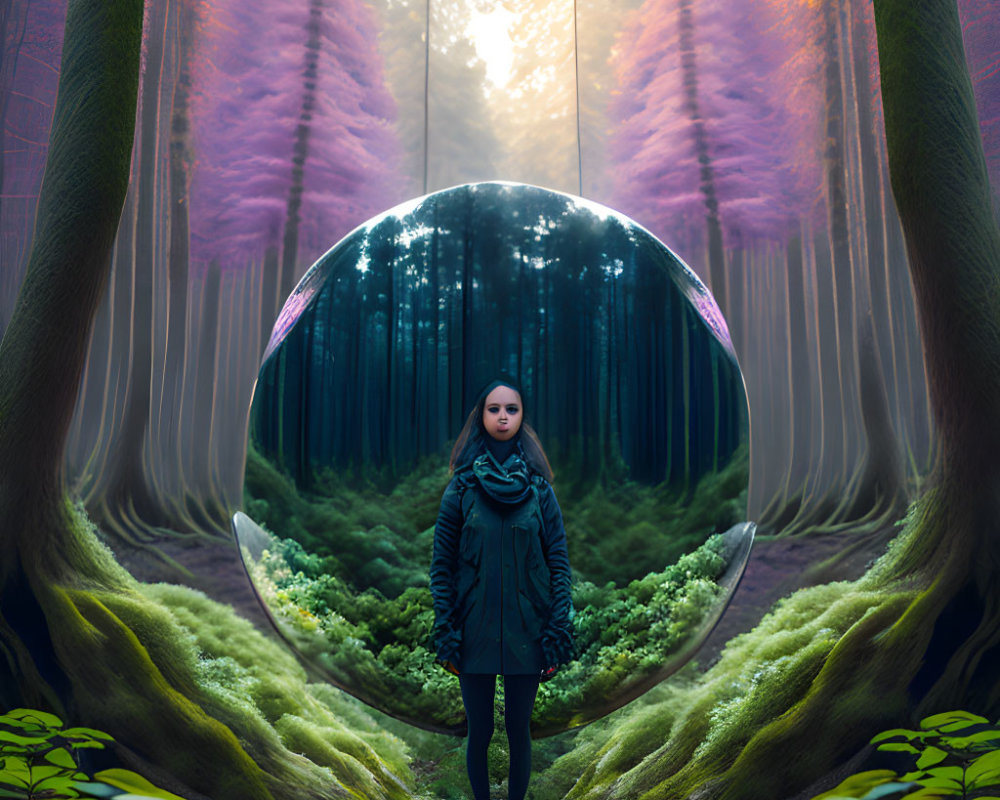 Surreal circular portal in mystical forest with purple and green hues