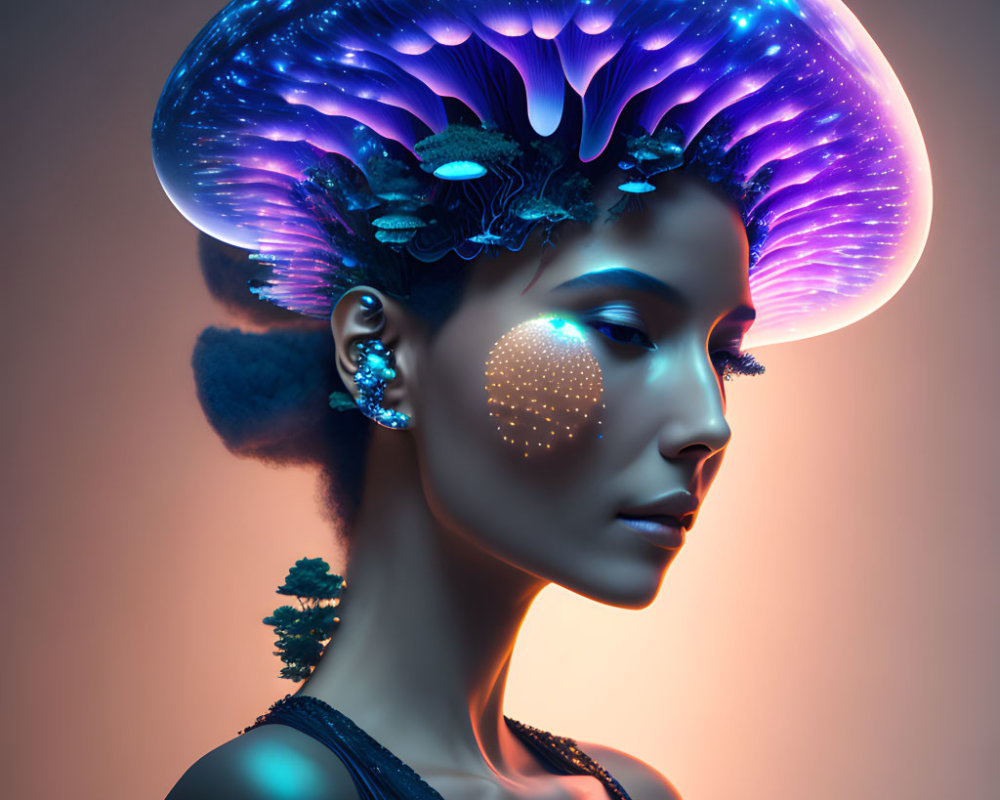 Woman with Bioluminescent Jellyfish Headwear in Blue and Purple