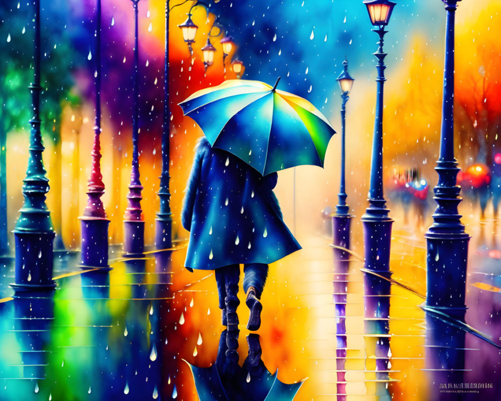 Vibrant illustration of person with umbrella in rainy cityscape