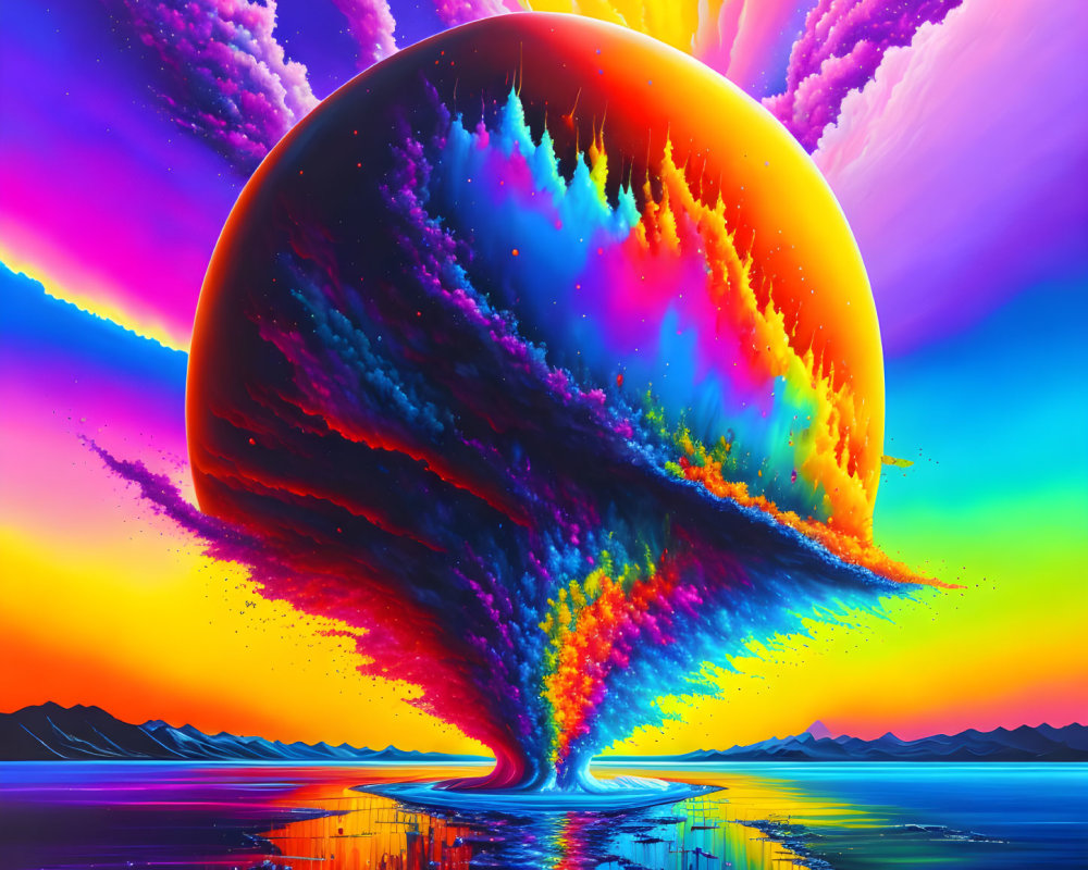 Colorful digital artwork: Large planet, rainbow clouds, radiant light beams