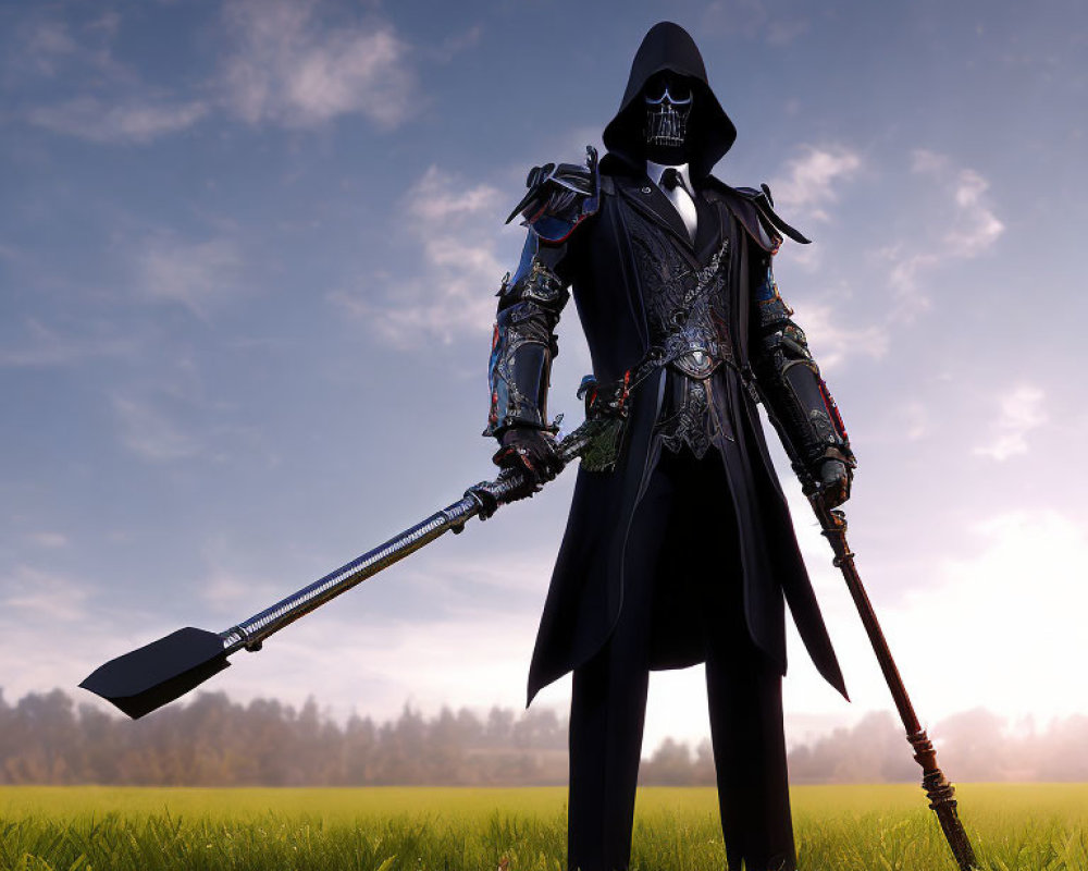 Dark Cloaked Figure with Scythe in Grassy Field at Dawn