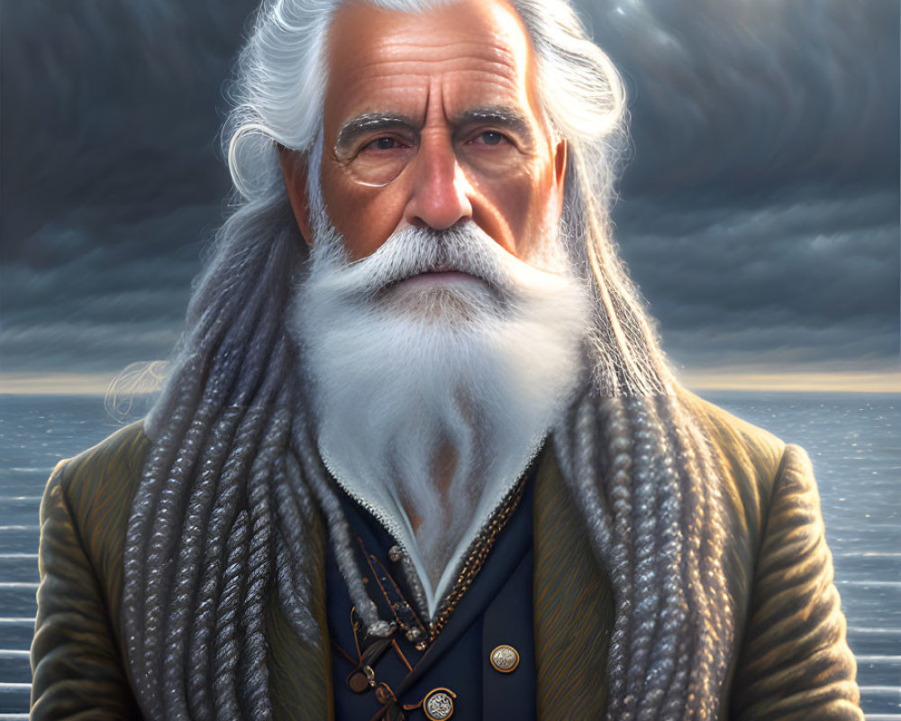 Elderly man with long white beard in coat and medallion by cloudy sea