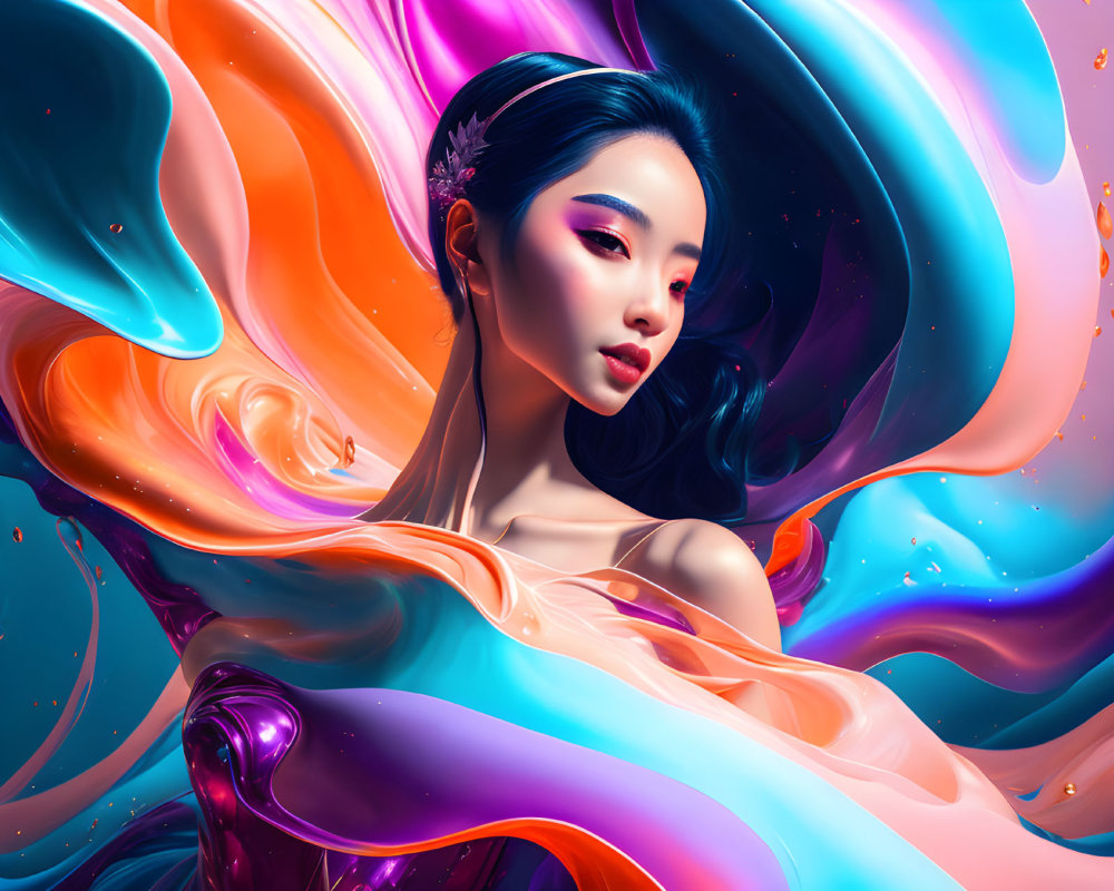 Colorful Abstract Shapes Surround Woman in Digital Art