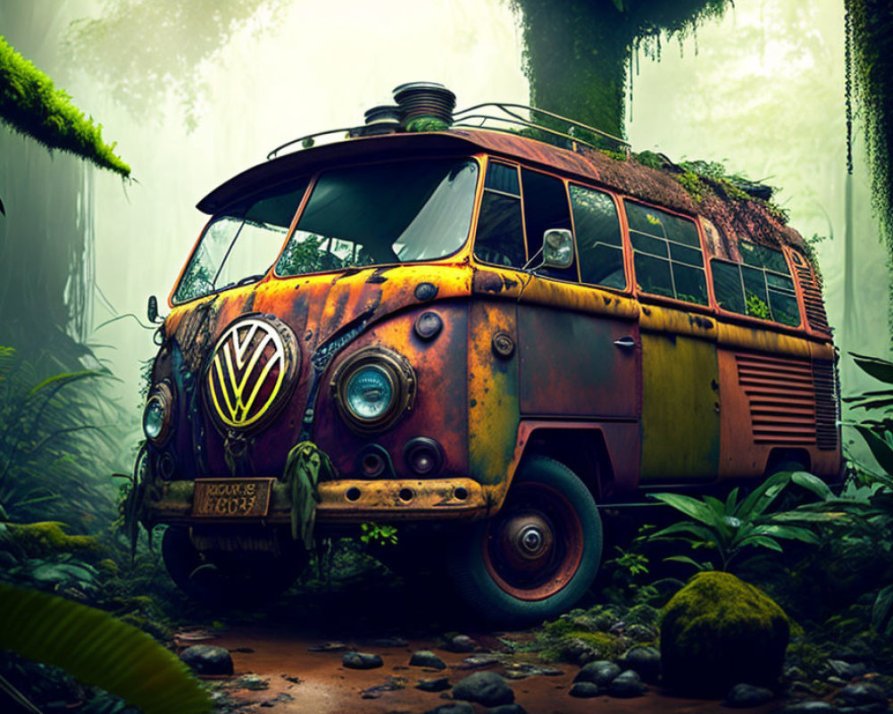 Rusted Volkswagen van in lush green forest with roof rack