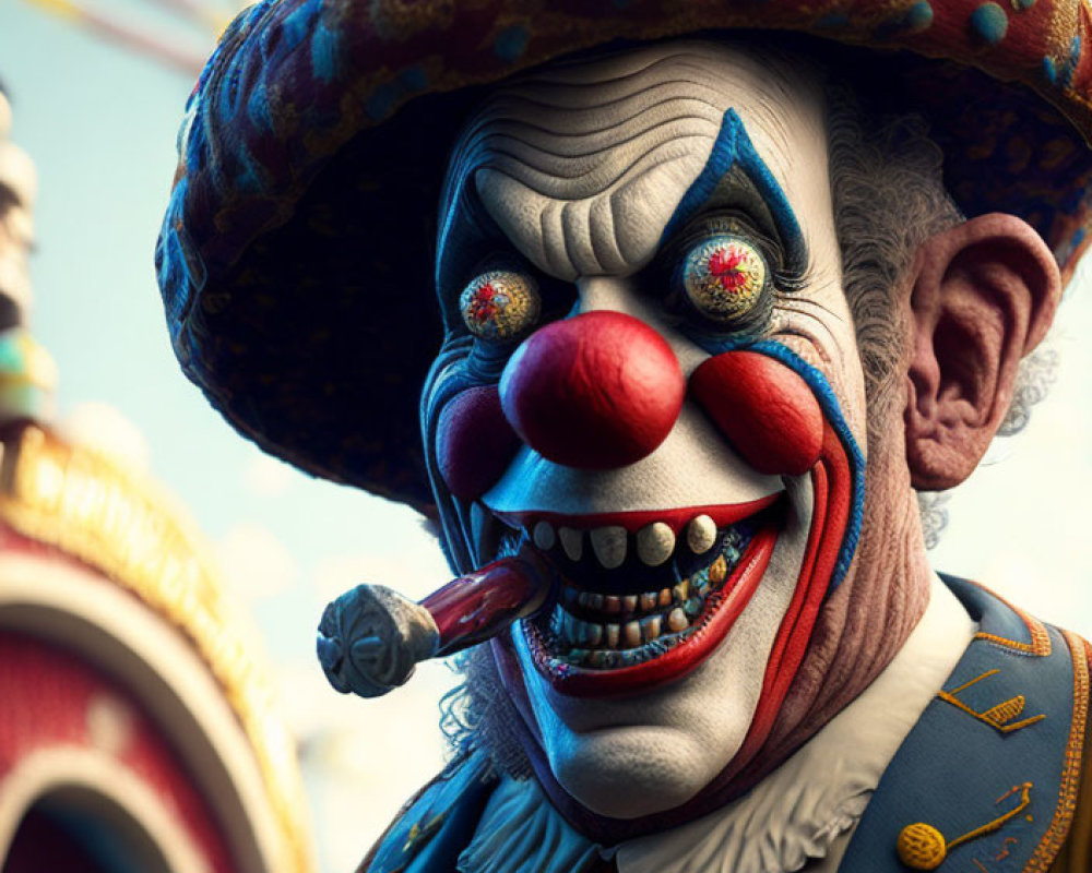 Colorful Clown with Wide Grin, Oversized Hat, and Cigar in Circus Setting