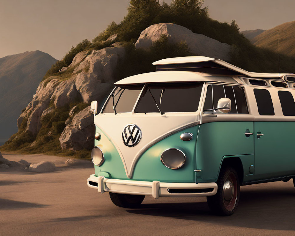 Vintage Volkswagen Bus with Surfboard on Sandy Road at Dusk