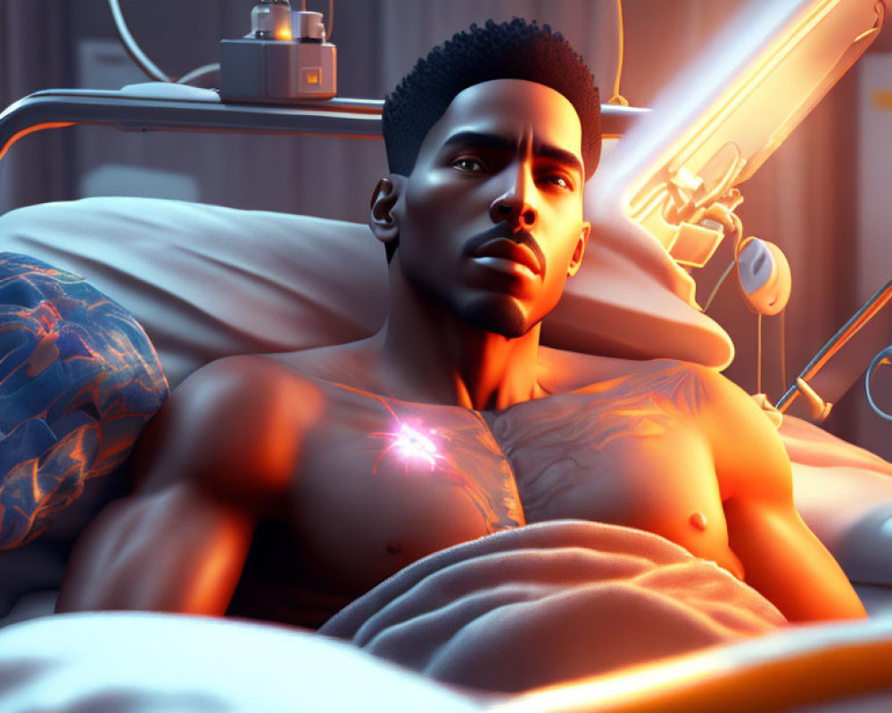 Detailed 3D illustration of muscular man in hospital bed with futuristic medical devices