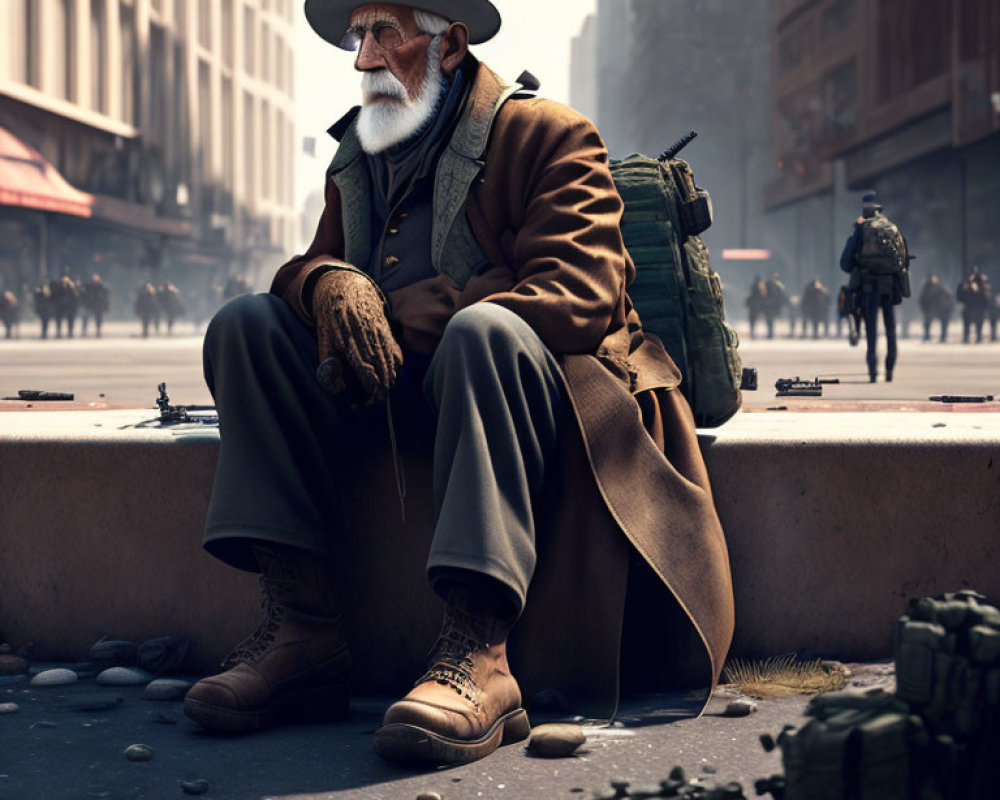 Elderly man with beard surrounded by toy soldiers in desolate cityscape