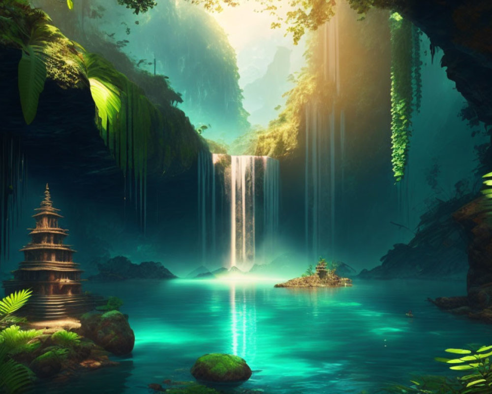 Tranquil fantasy landscape with waterfall, pagoda, and lagoon