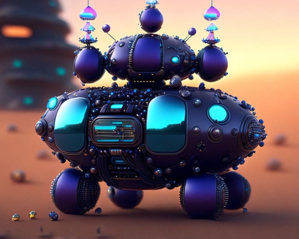 Futuristic spherical submarine vehicle on sandy terrain at dusk or dawn