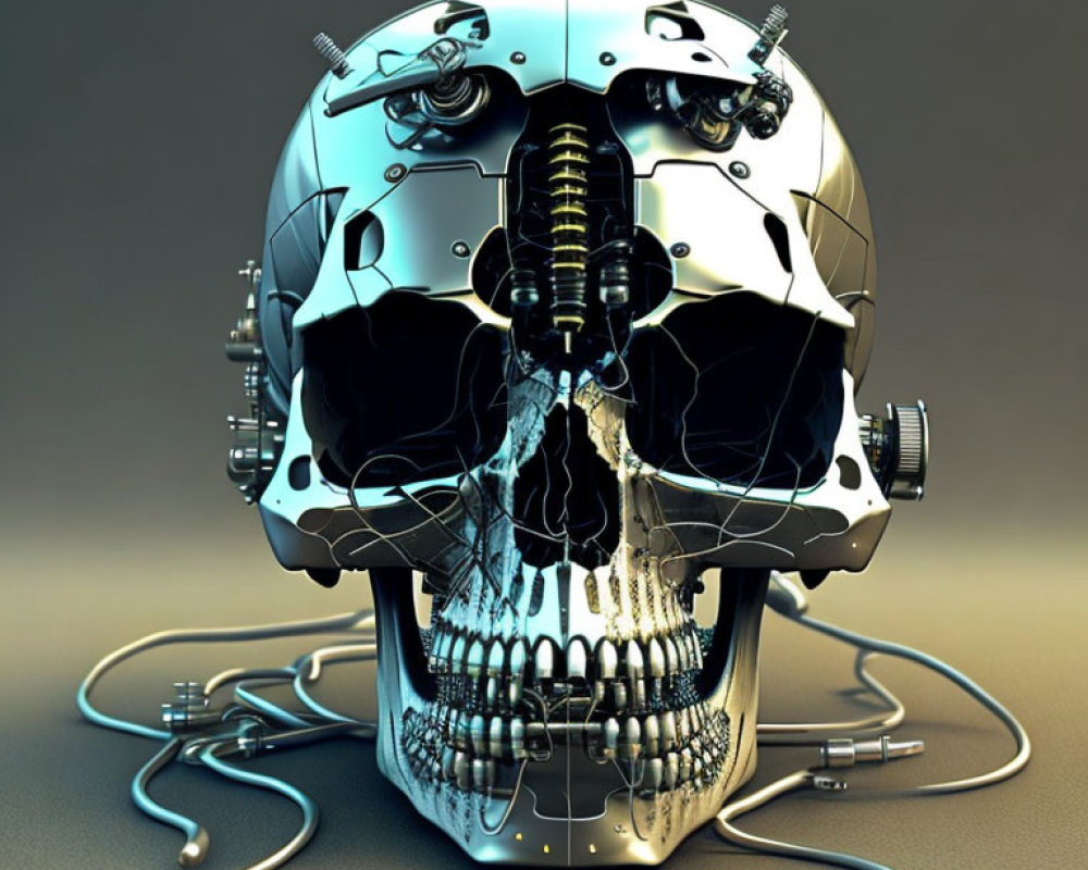 Detailed robotic skull illustration on beige background