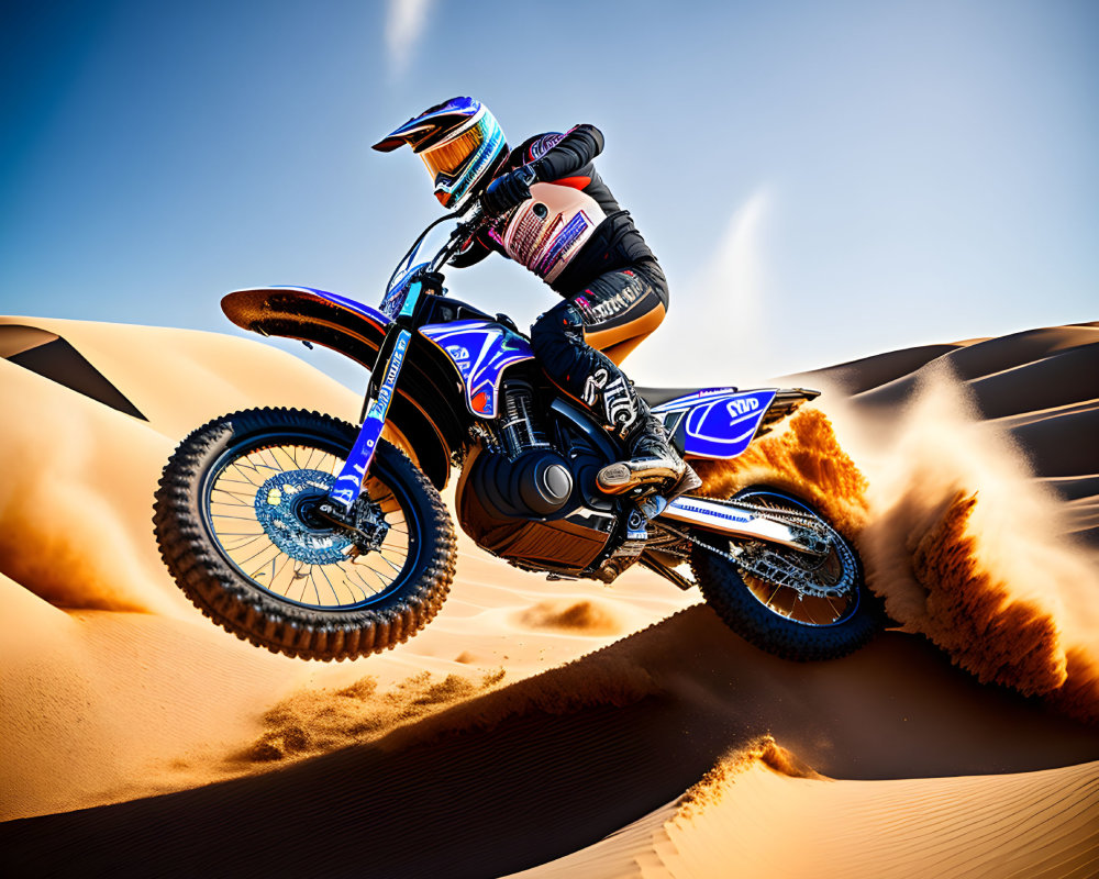 Motocross rider in full gear jumps on sand dune against clear sky